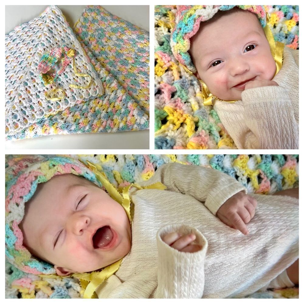 Vintage Handmade 1960s 1970s Rainbow Pastel Crochet Knit Baby Blanket & Bonnet